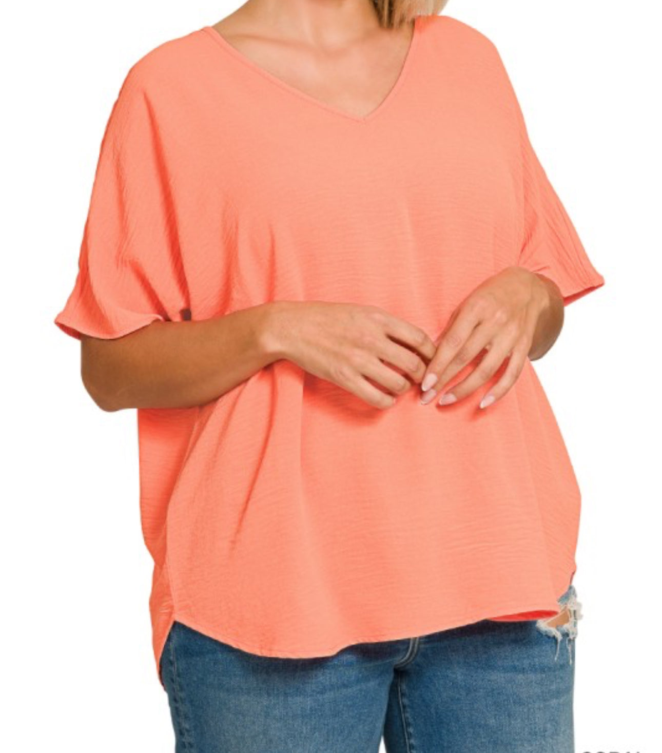 Zenana Woven Airflow Plus V Neck Short Sleeve Top