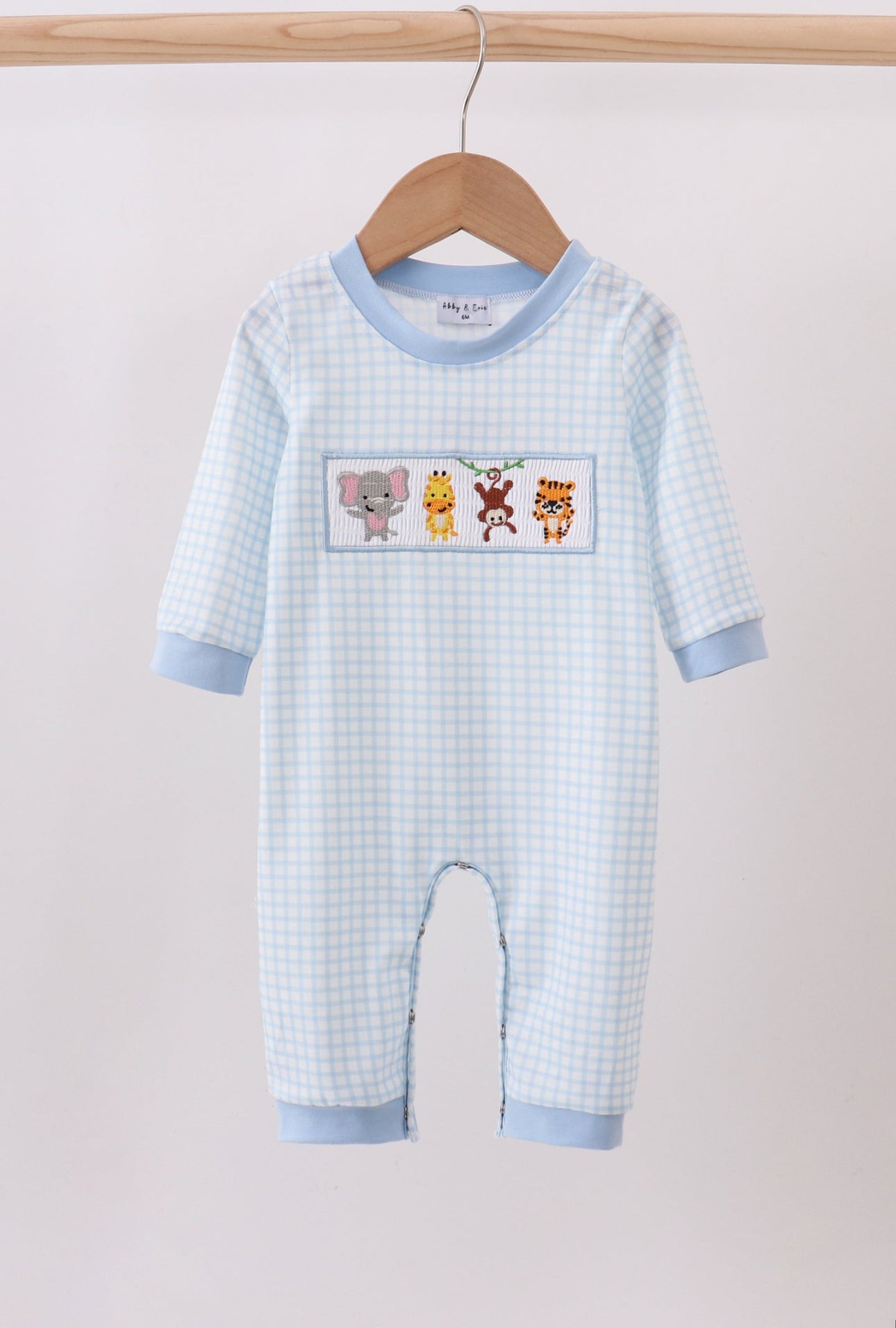 Blue Gingham Animal Smocked Romper