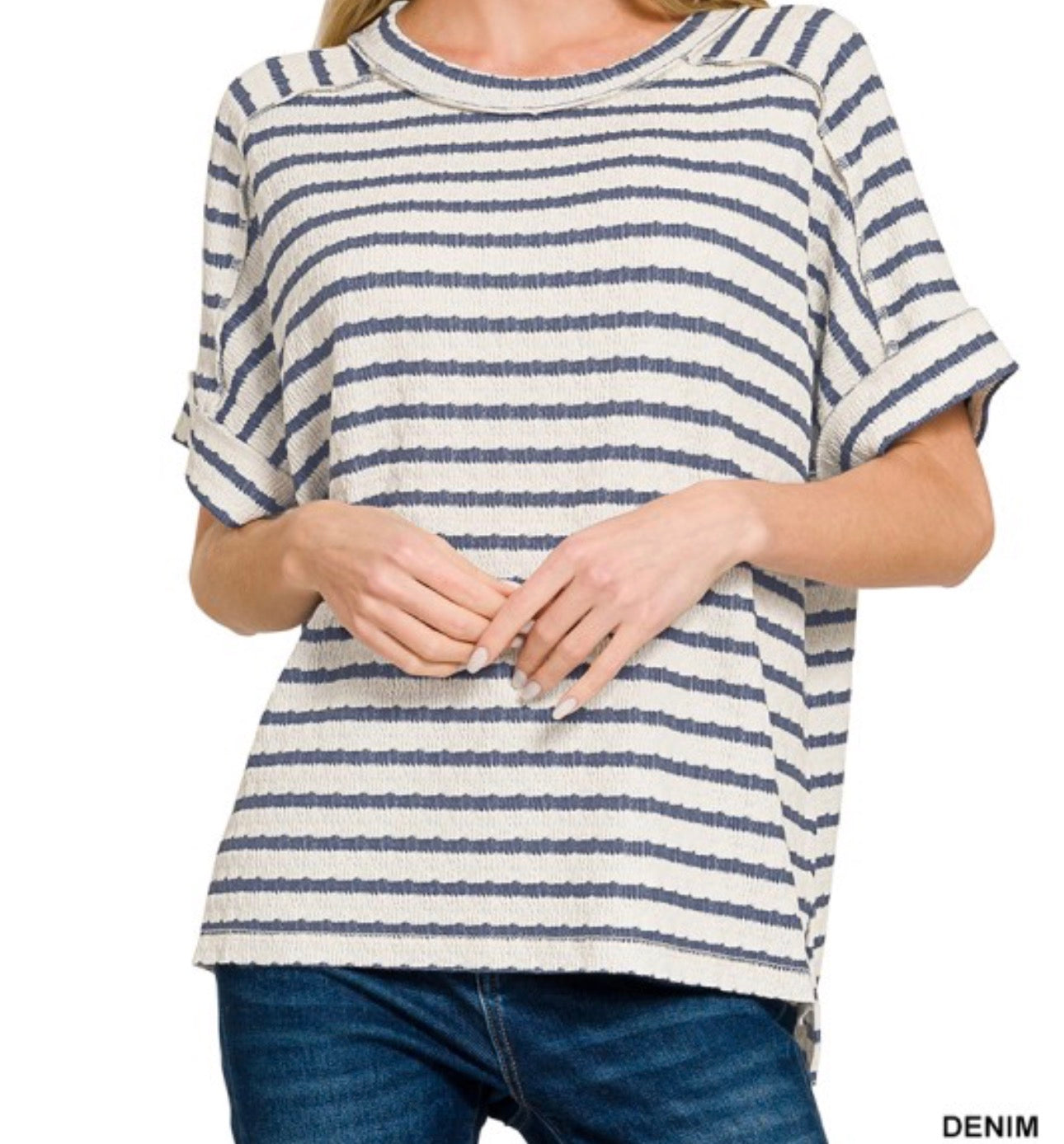 Zenana Striped Short Sleeve Hi-Low Tee