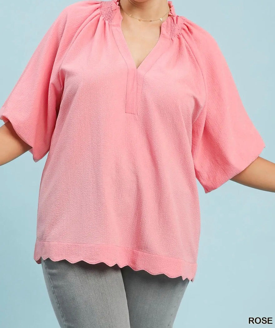 Umgee Scalloped Hem Textured Blouse