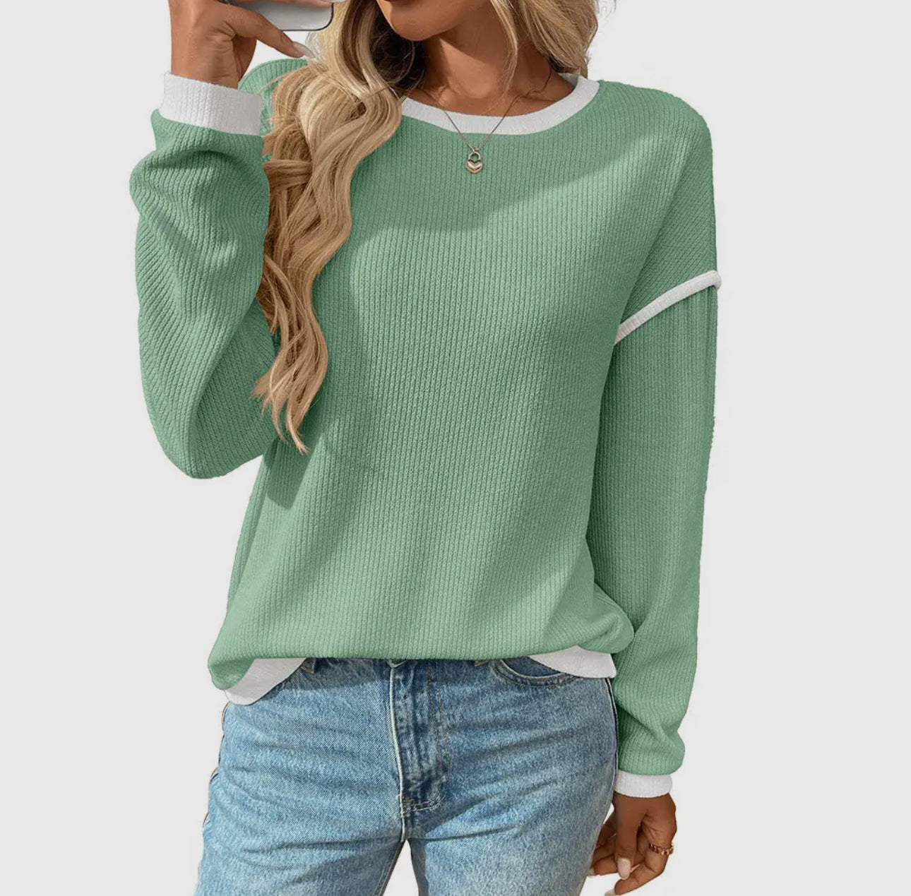 Contrast Trim Long Sleeve Waffle Knit Pullover