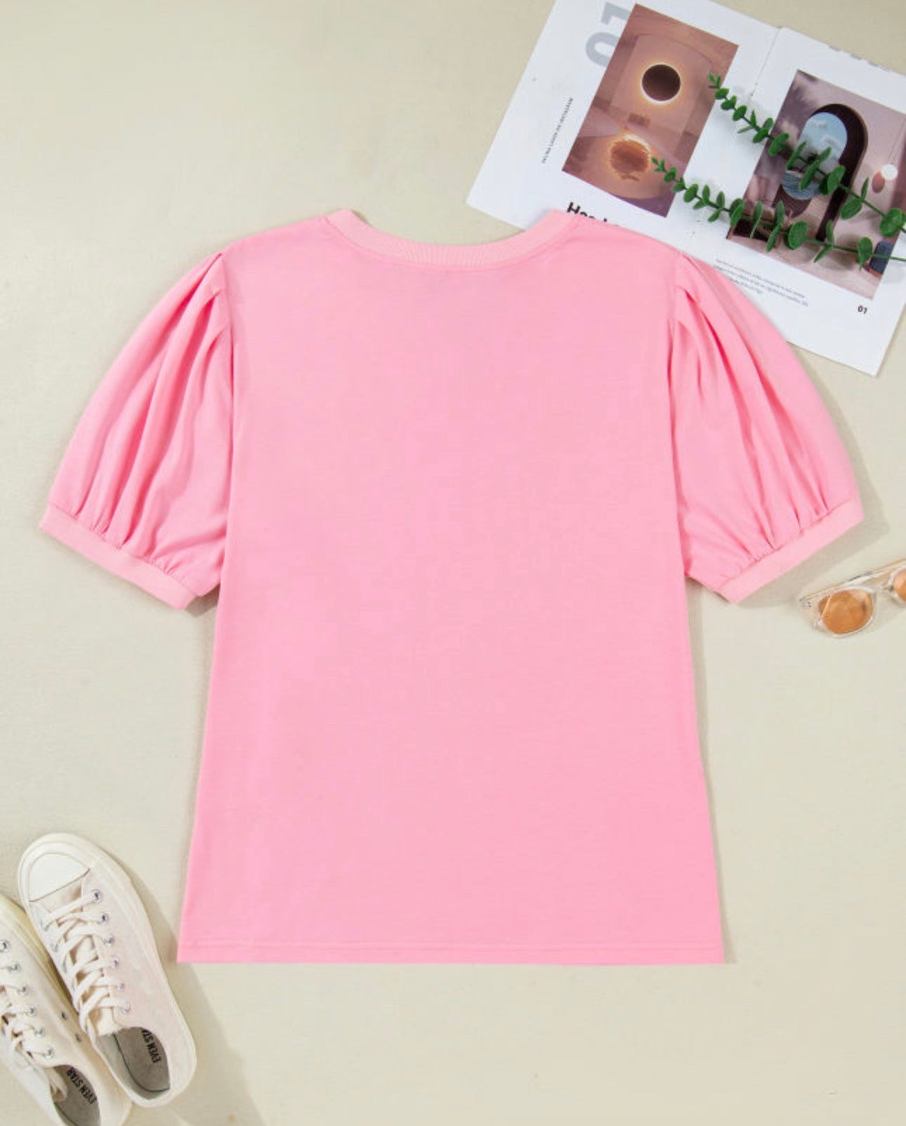 Bonbon V Neck Pleated Short Puff Sleeve Plus Size Blouse