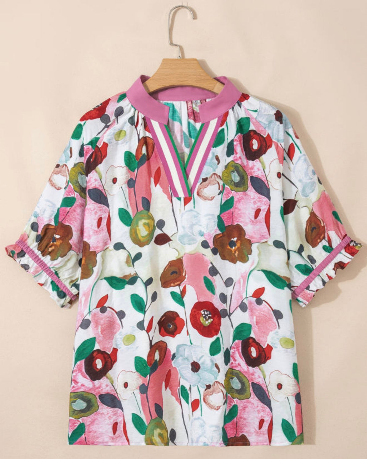 Pink Floral Plus Size Puff Sleeve Shirt