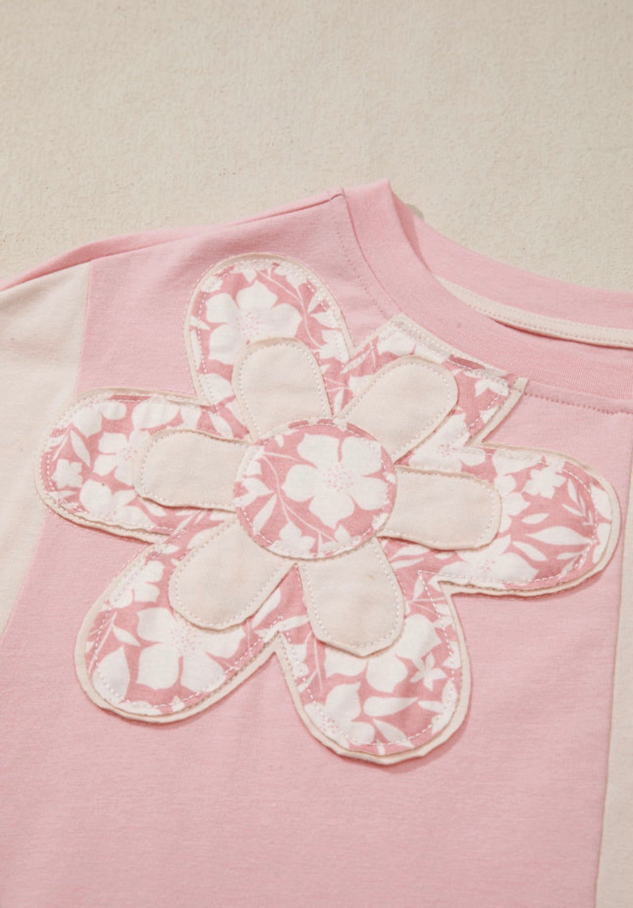 Apricot Color Block Flower Patched Loose TShirt