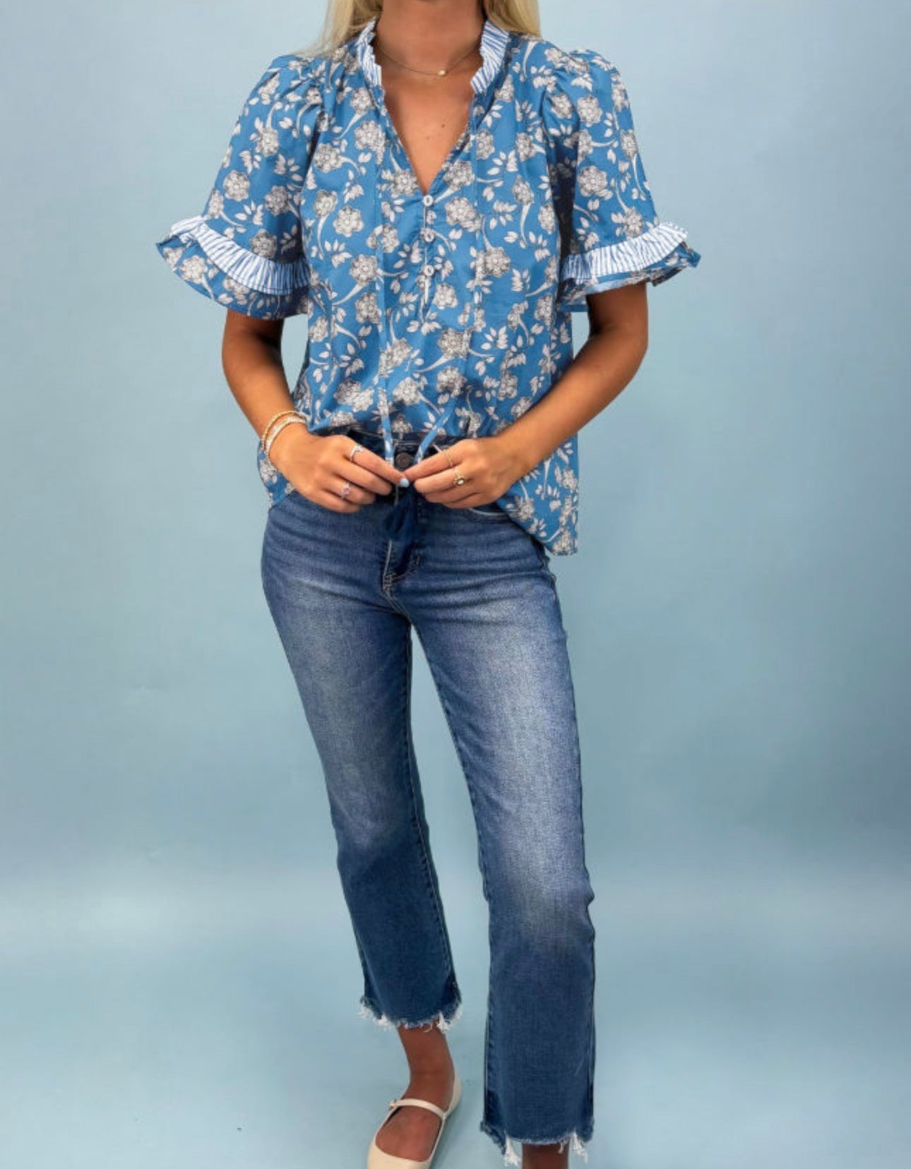 Blue Floral Print Buttoned Tie Neck Striped Detail Short Sleeve Blouse