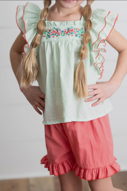 Embroidered Mint Ruffle Top and Pink Short Set