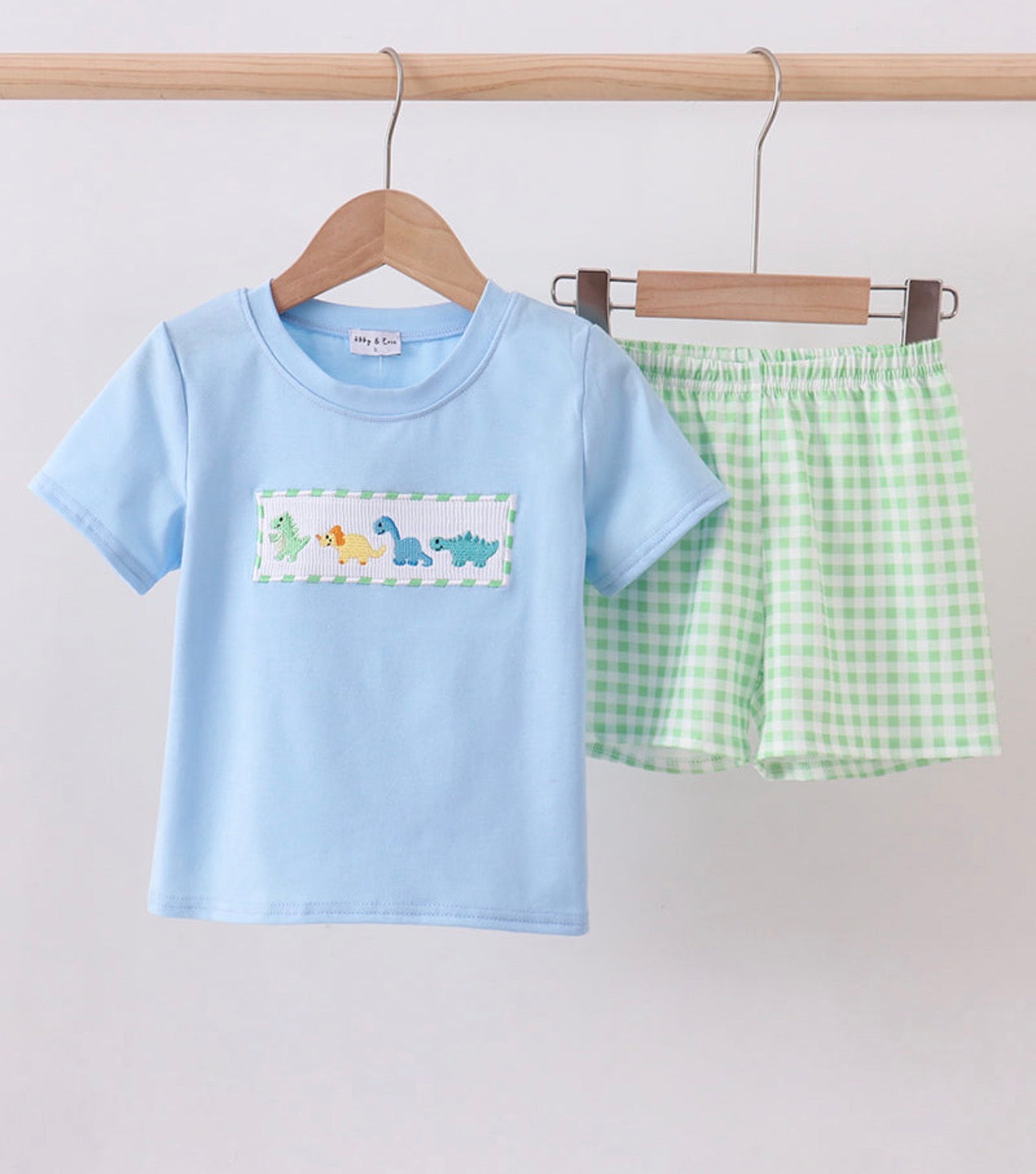Blue Dino Smocked Gingham Boys Short Set