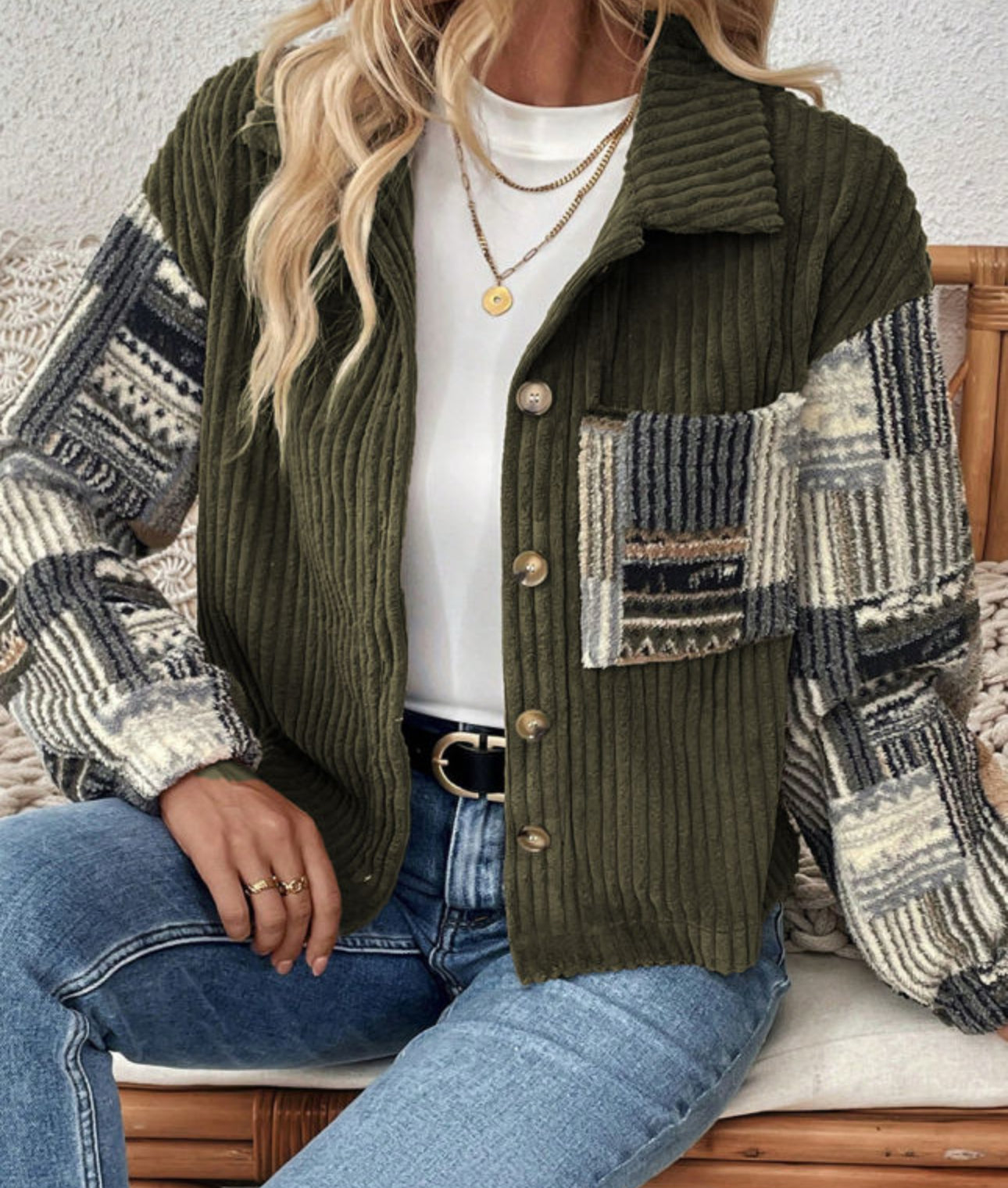 Green Ribbed Fleece Plaid Patchwork Jacket