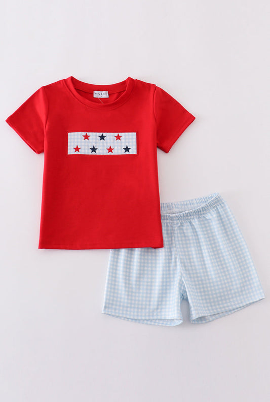 Blue gingham embroidered star short set
