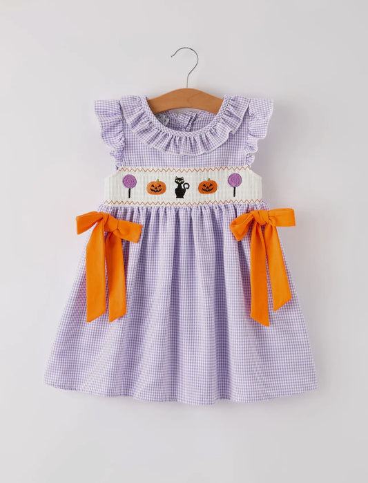 Halloween Purple Balloon Pumpkin Cat Smock Embroidery Dress