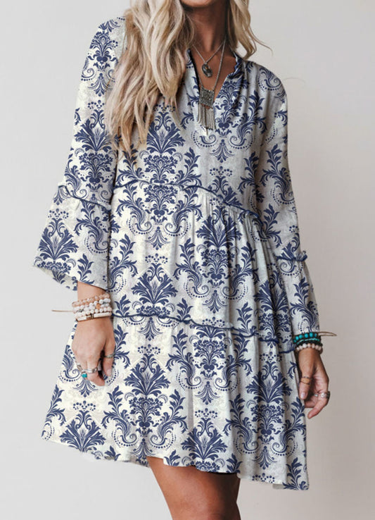 Sky Blue Boho Floral Print Lettuce Trim Dress