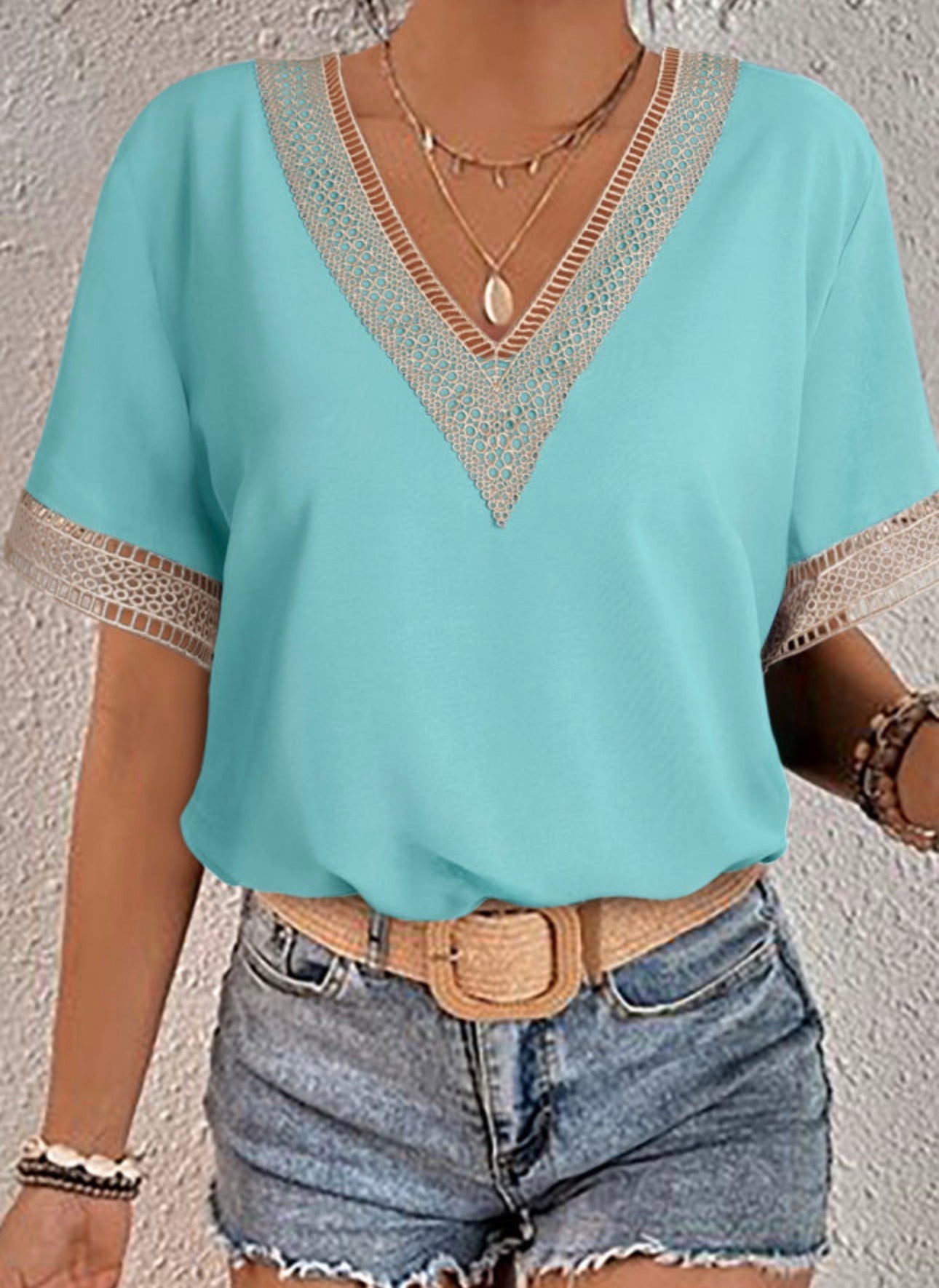 Green Lace Trim Short Sleeve Blouse