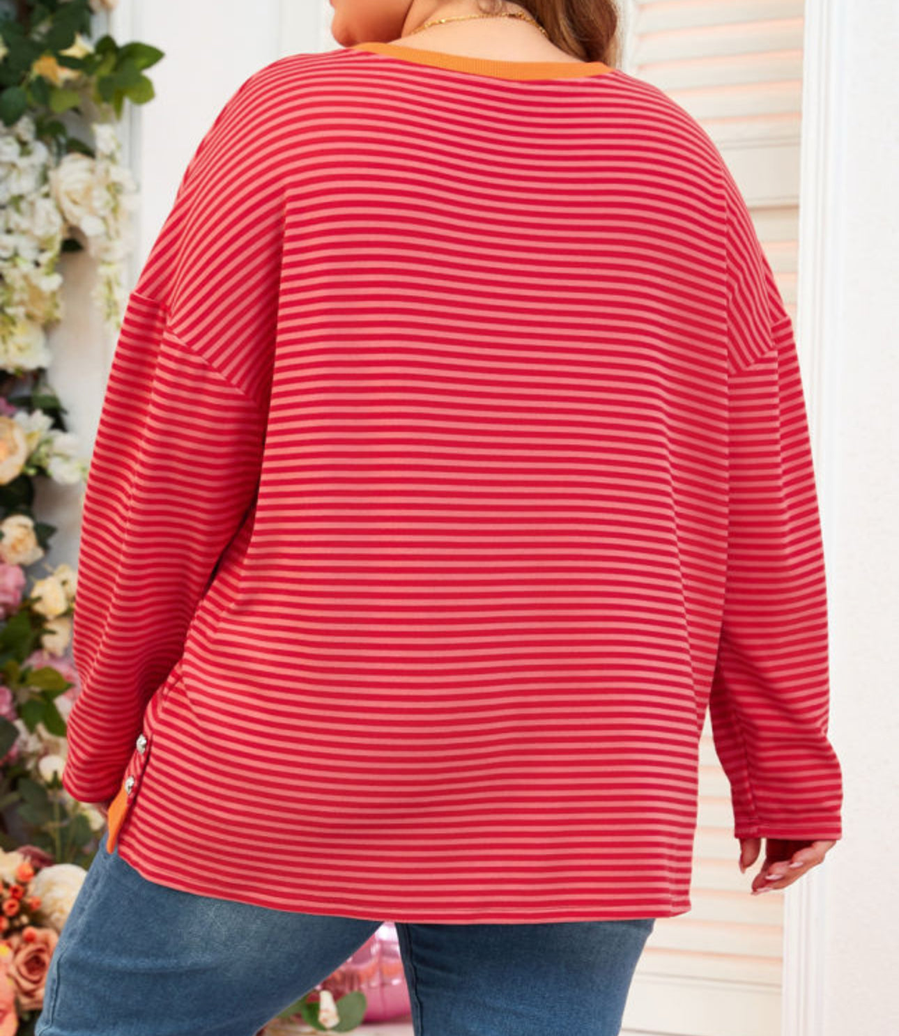 Orange Striped Plus Sized Drop Shoulder Shirt