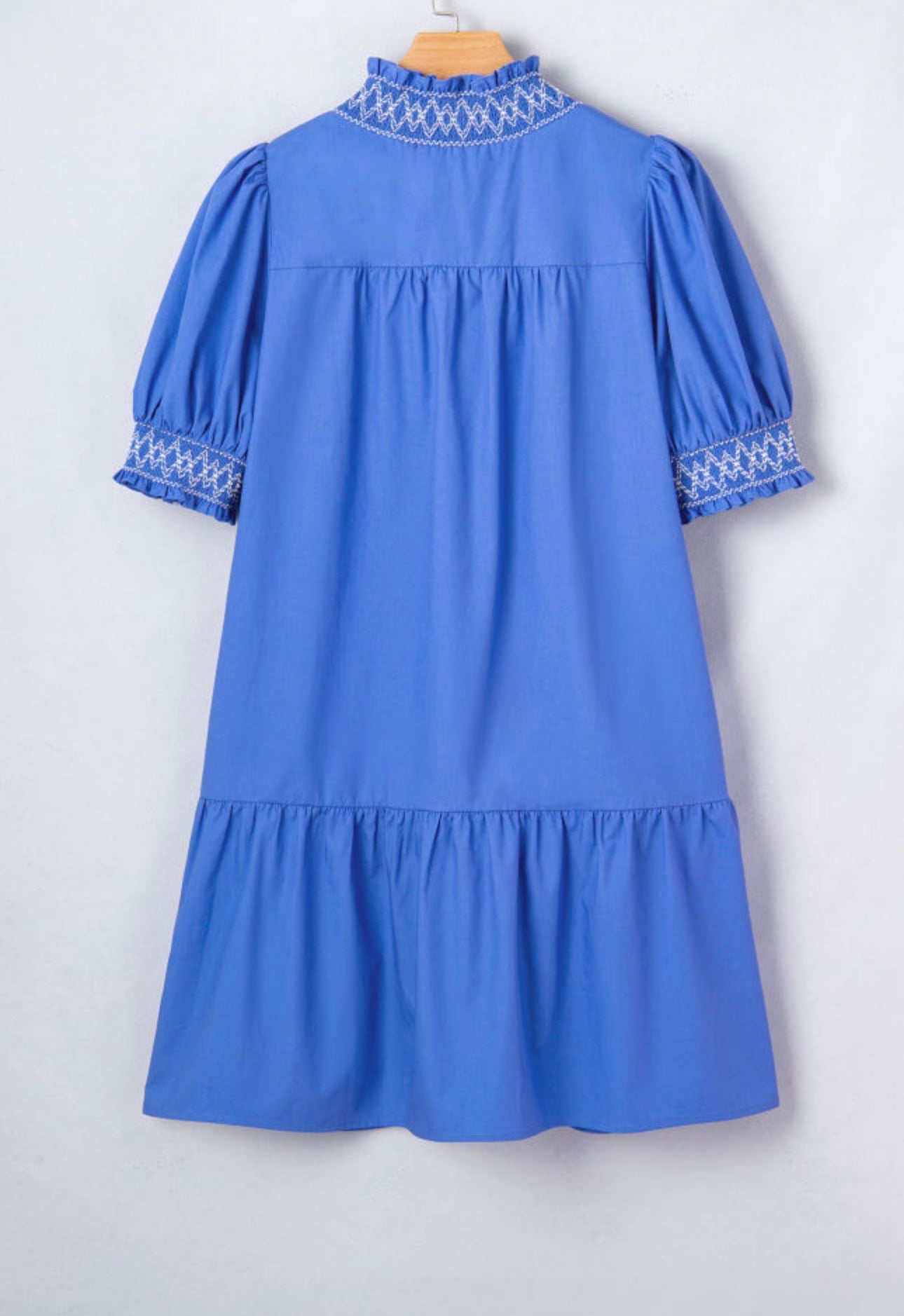 Sky Blue Embroidered Smocked Detail V Neck Short Puff Sleeve Mini Dress