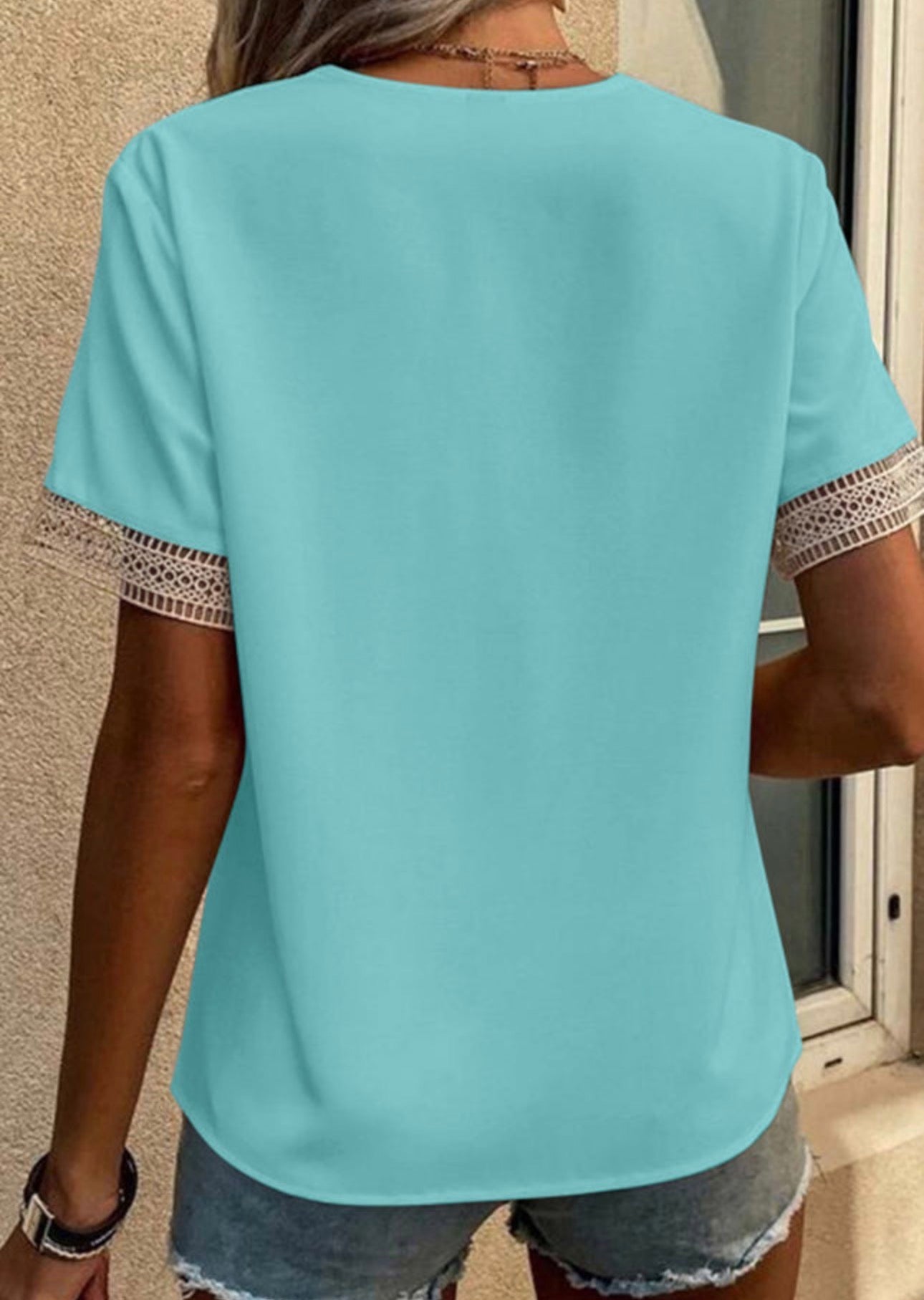 Green Lace Trim Short Sleeve Blouse