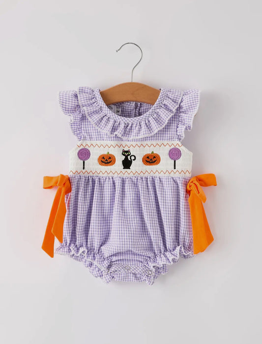 Halloween Purple Balloon Pumpkin Cat Smocked Embroidery Bubble