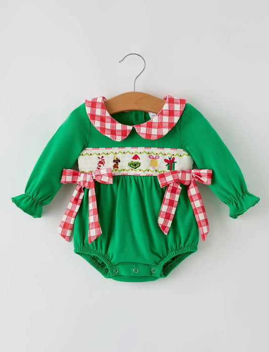 Christmas Character Candy Embroidered Green Romper
