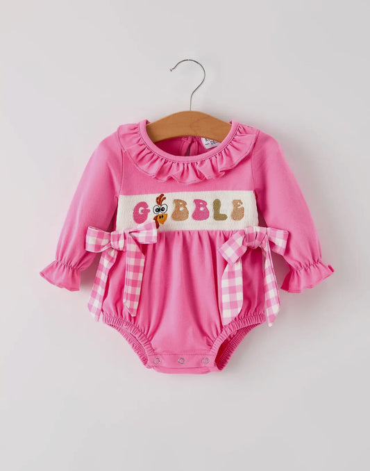 Thanksgiving “Gobble” Smocked Embroidered Romper