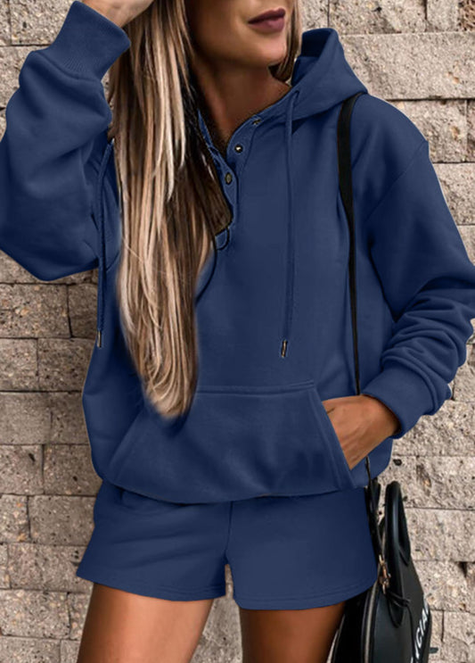 Navy Blue Button Drawstring Hooded Pullover Short Set