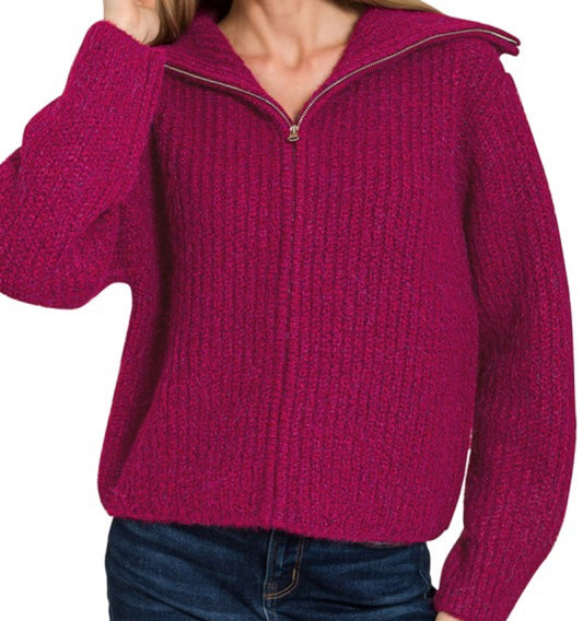 Zenana High Neck Full Zip Sweater