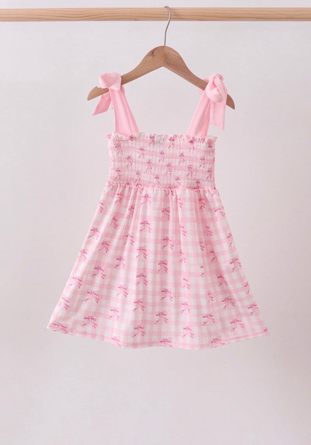Pink Bow Print Smocked Ruffle Dress