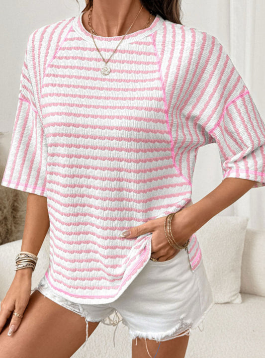 Pink Stripe Textured Knit Split Hem Top