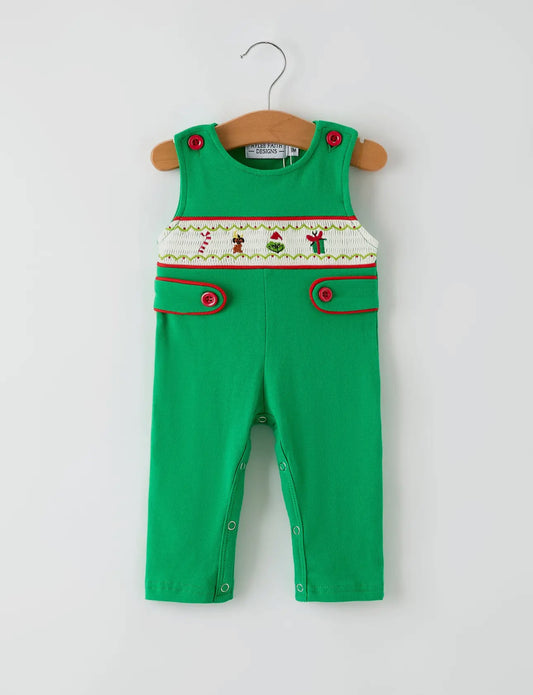 Christmas Character Candy Embroidered Green Romper