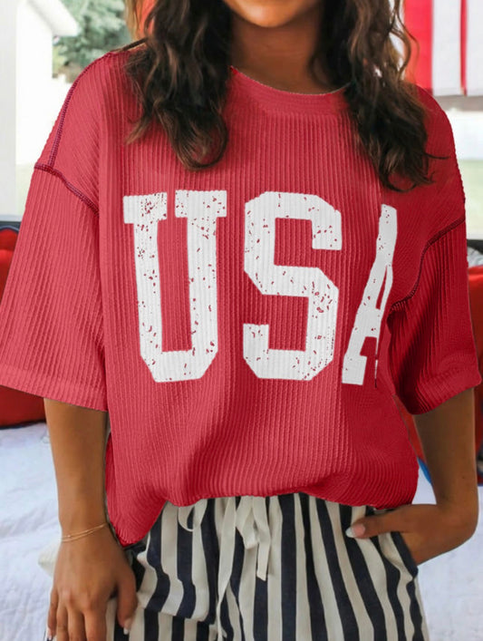 Fiery Red USA Graphic Half Sleeve Loose Ribbed Top