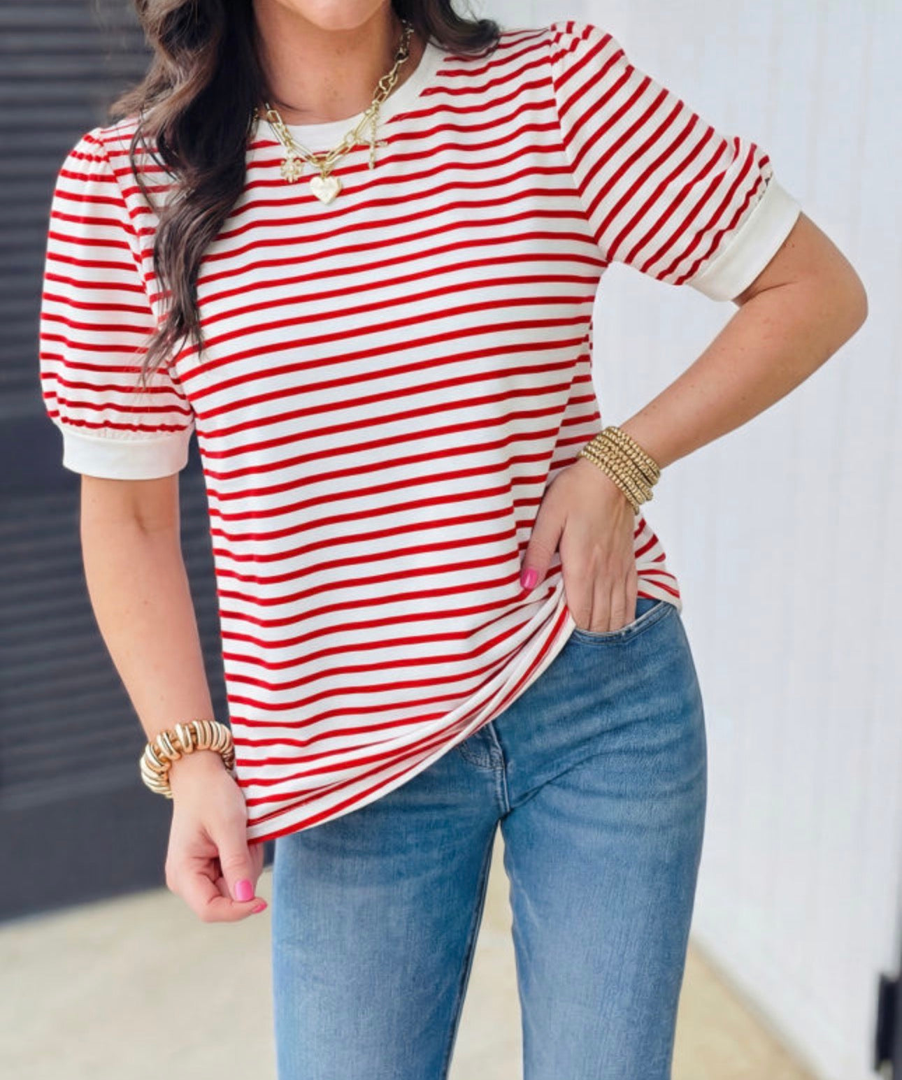 Red Striped Contrast Trim Round Neck Short Puff Sleeve Shirt