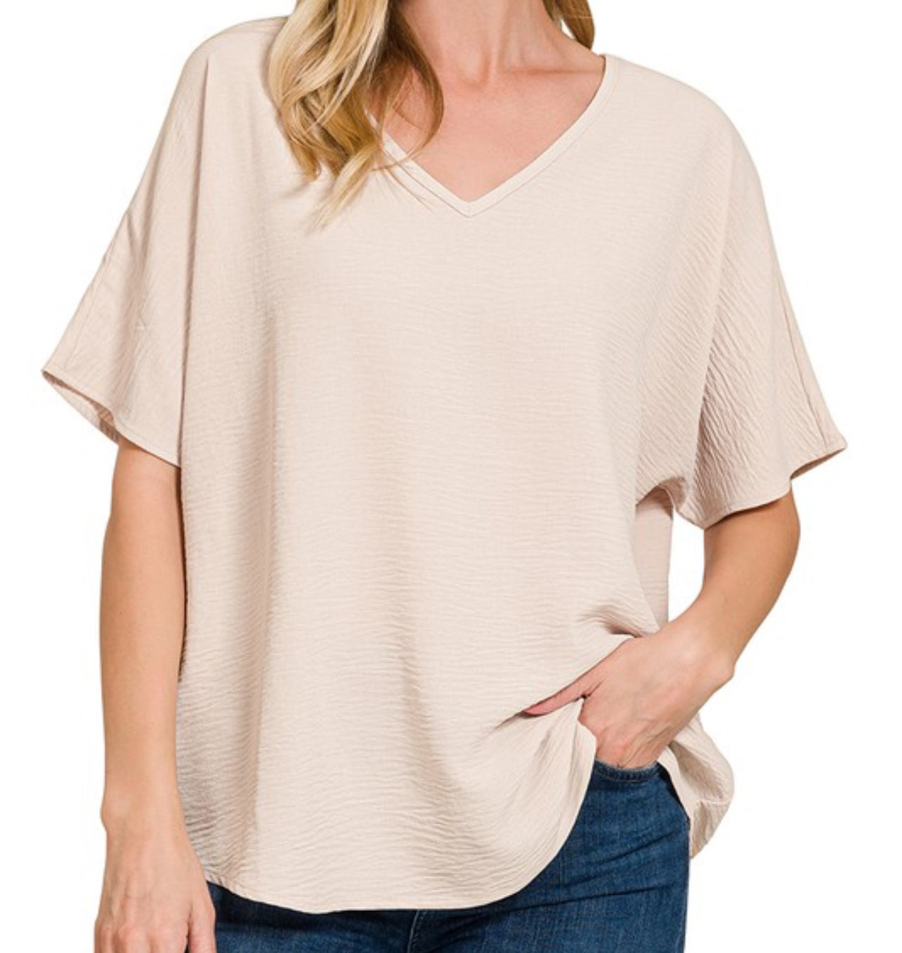 Zenana Woven V-Neck Short Sleeve Shirt