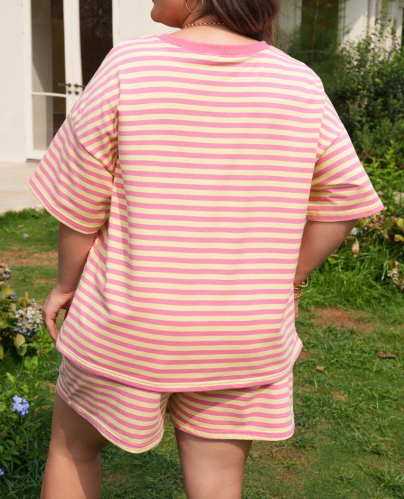 Rose Striped Boxy Tee Drawstring Elastic Waste Plus Size Set