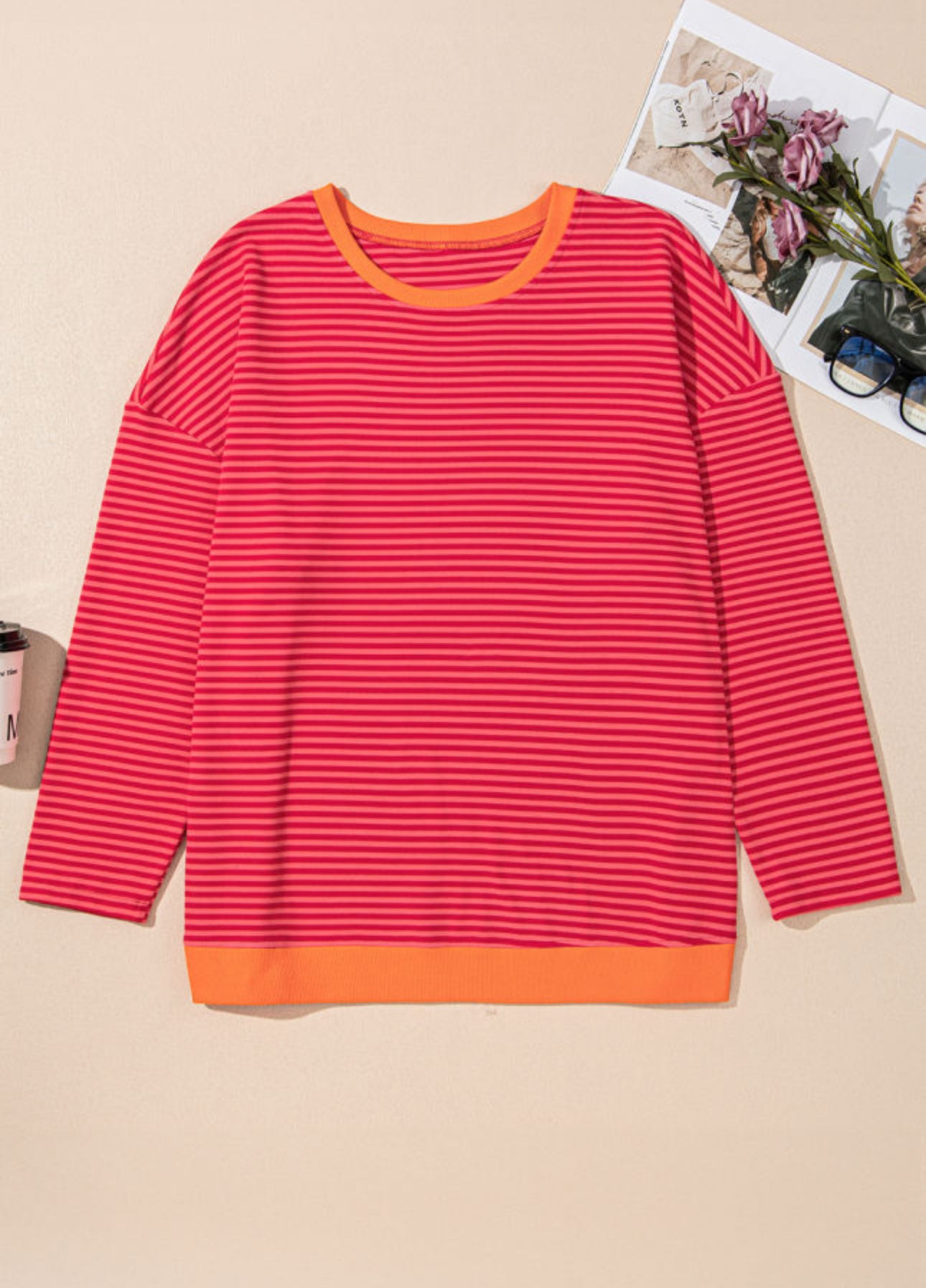 Orange Striped Plus Sized Drop Shoulder Shirt