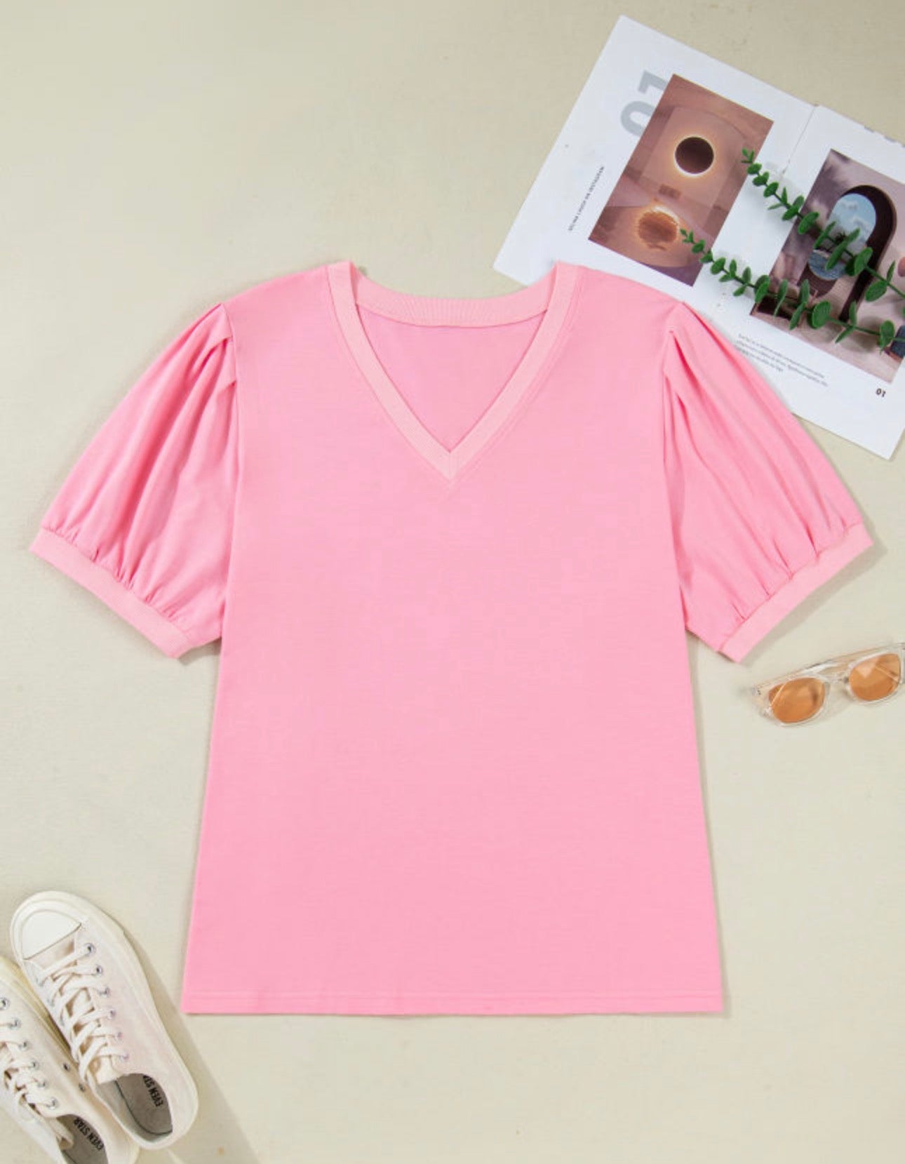 Bonbon V Neck Pleated Short Puff Sleeve Plus Size Blouse