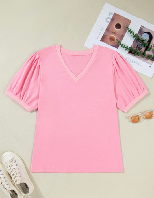 Bonbon V Neck Pleated Short Puff Sleeve Plus Size Blouse