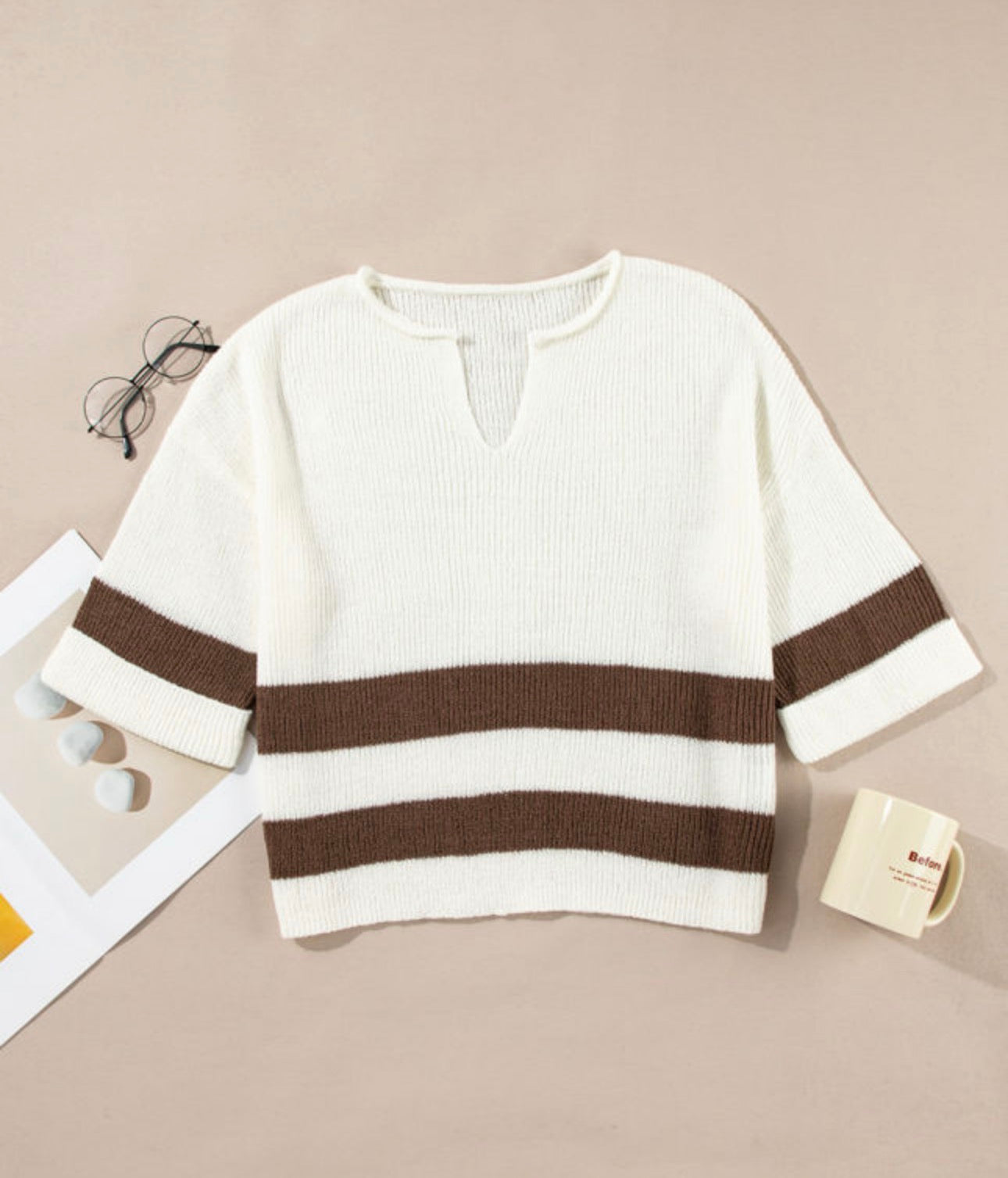 Brown Striped Accent Notched VNeck Cropped Sweater