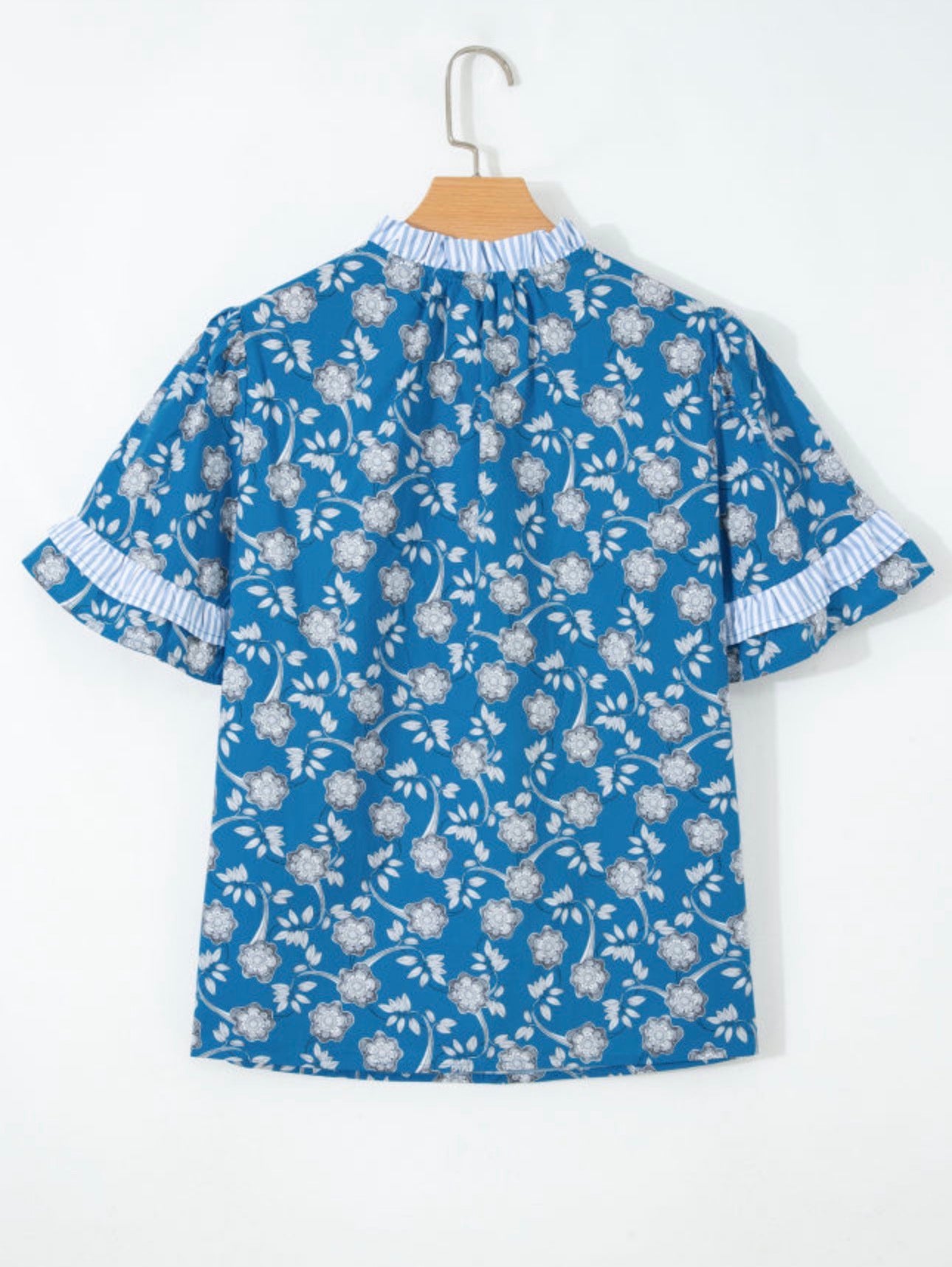 Blue Floral Print Buttoned Tie Neck Striped Detail Short Sleeve Blouse