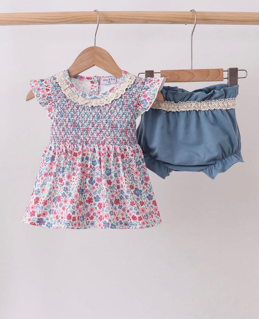 Blue Floral Smocked Ruffle Bloomer Set