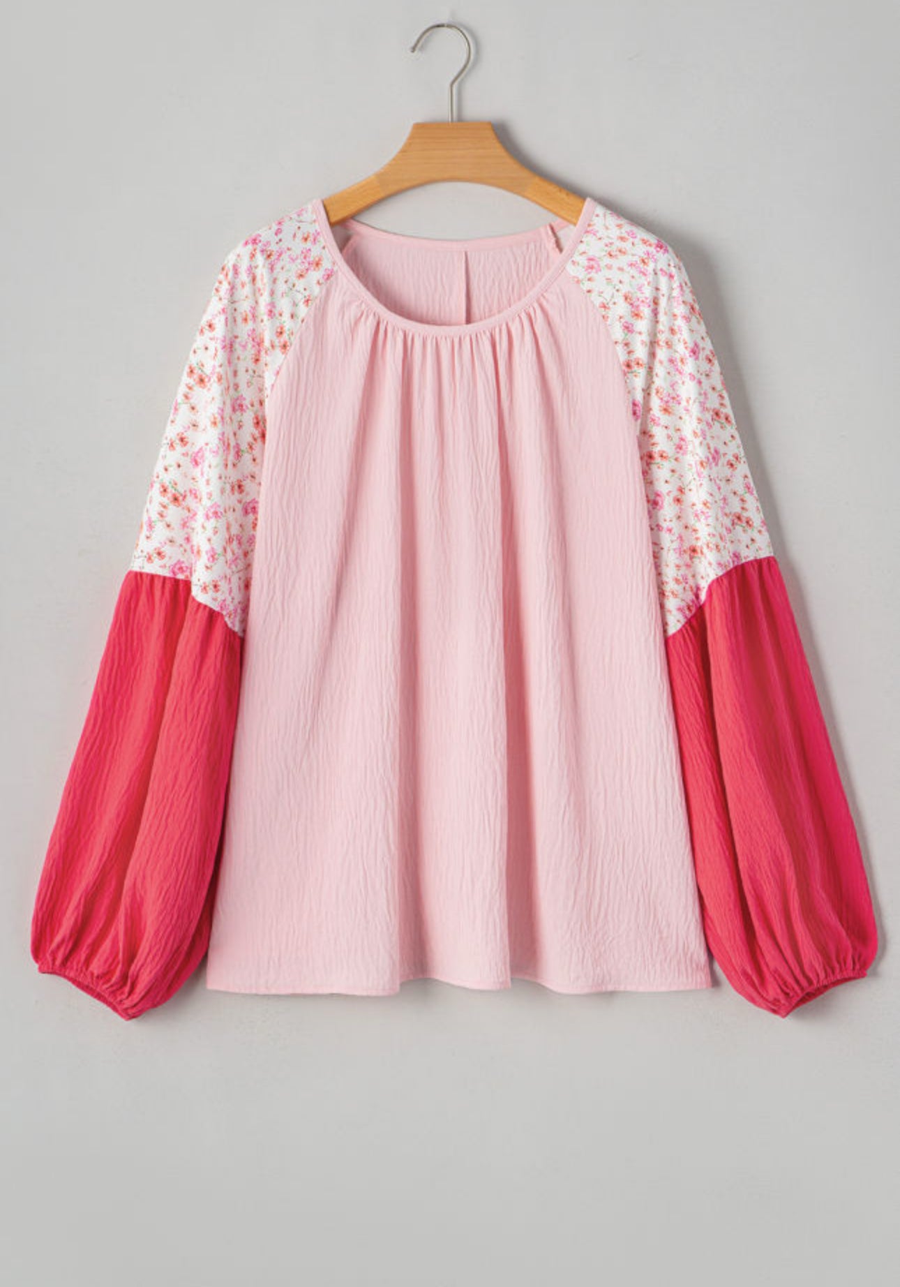 Pink Contrast Floral Patchwork Plus Sized Long Sleeve Shirt