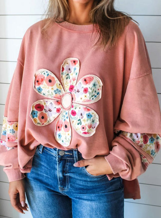 Peach Blossom Floral Appliqué Baggy Pullover Sweatshirt