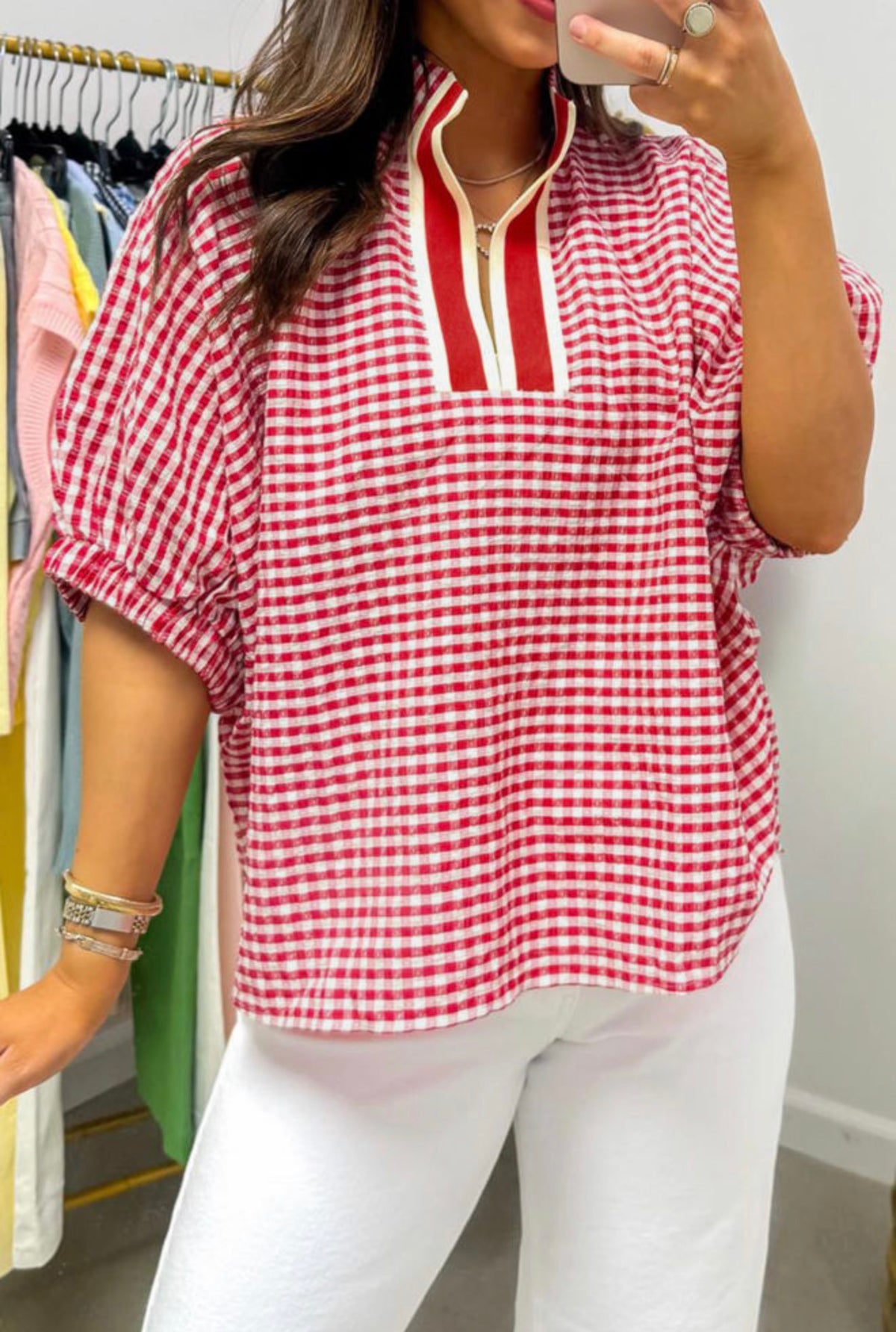 Red Plaid Short Sleeve Blouse