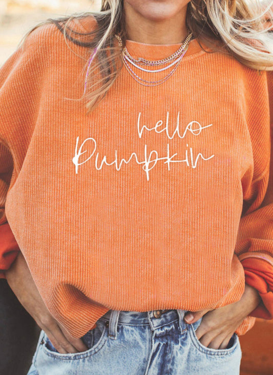 Orange Hello Pumpkin Ribbed Textured Baggy Sweatshirt