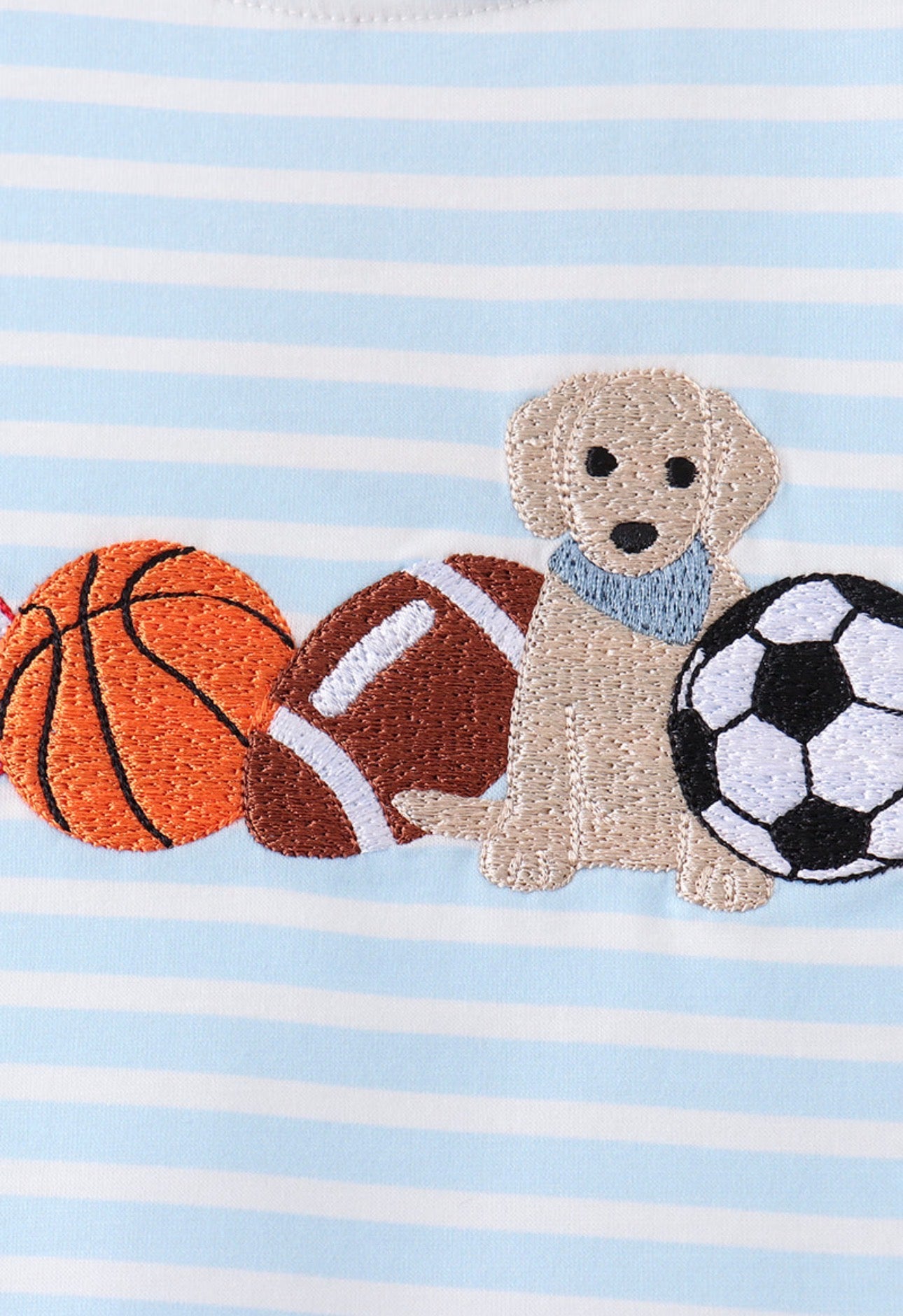 Blue Puppy Ball Embroidered Striped Romper