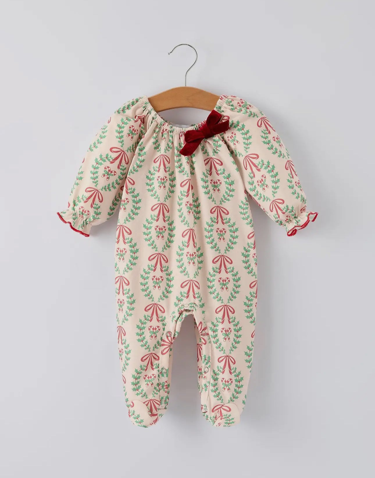 Christmas Wreath Print Baby Girls Romper Long Sleeve Outfit