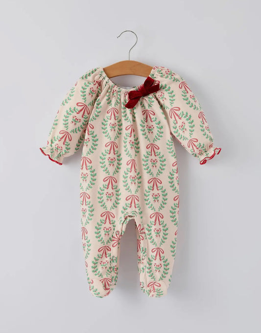 Christmas Wreath Print Baby Girls Romper Long Sleeve Outfit
