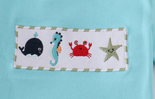 Green striped embroidered marine life set