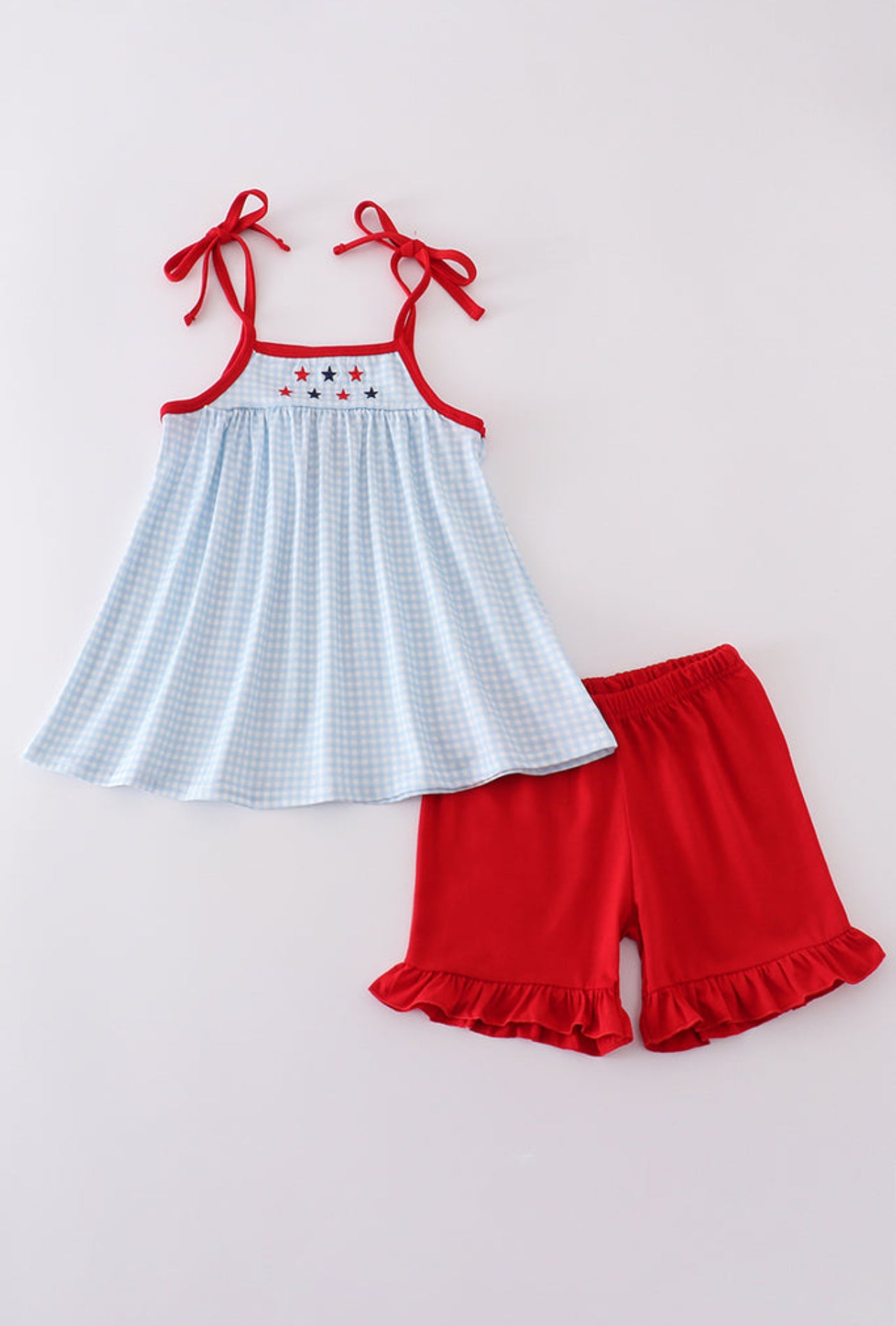 Blue gingham star embroidered short set