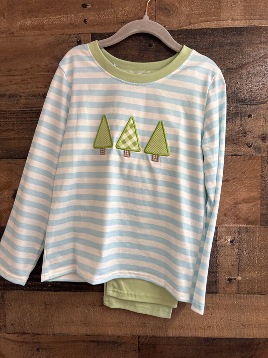 Blue Striped Christmas Tree Boys Pant Set