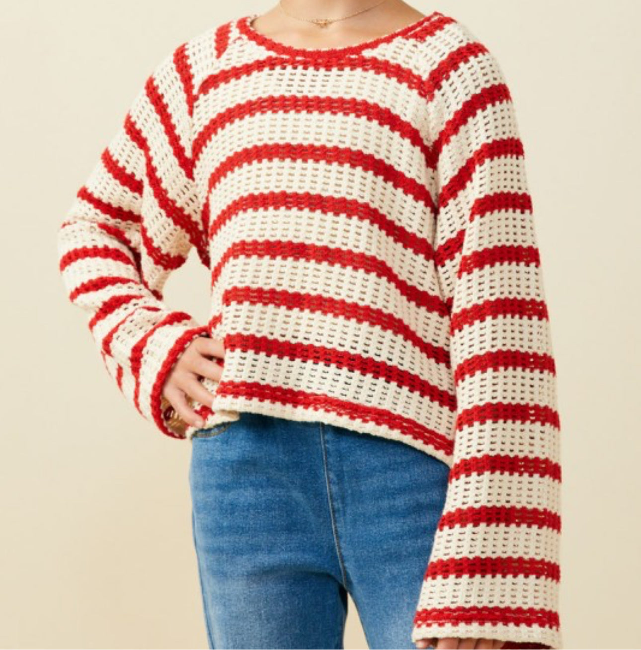 Girls Open Knit Striped Loose Neck Top