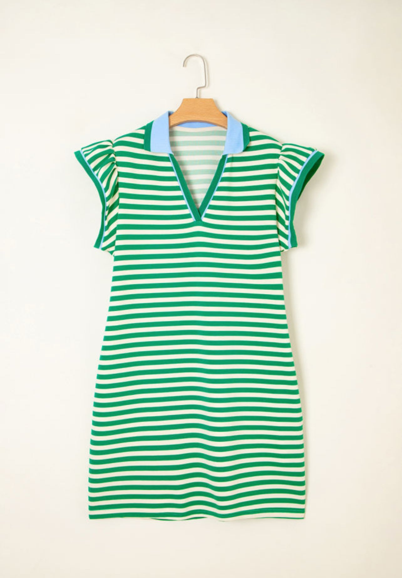 Green Stripe Contrast Collar Flutter Sleeve Dress