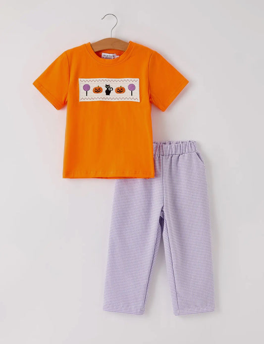 Halloween Purple Balloon Pumpkin Cat Smocked Embroidery Set